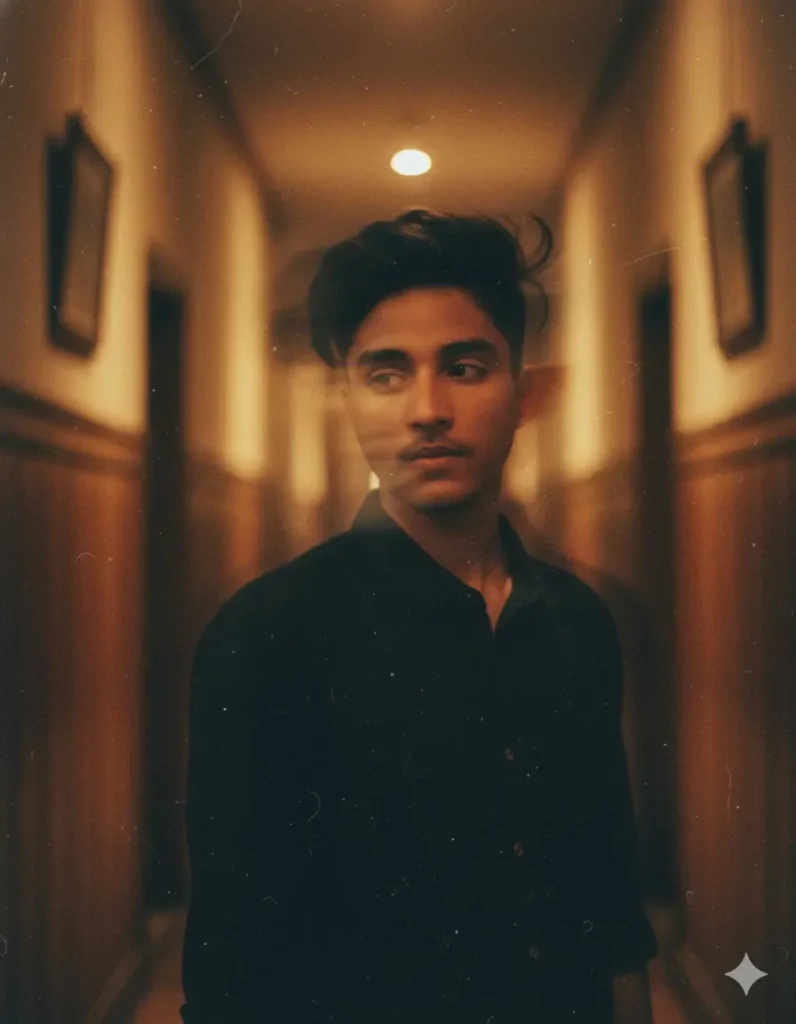 Cinematic dark hallway portrait in 90s retro style made using Trending Gemini AI 90s Style Photo Prompt featuring a Boy.