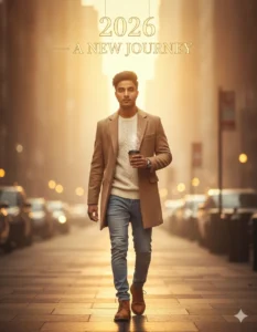 Young man sitting on edge of rooftop at sunrise with soft warm tones – New Year 2026 AI Photo Prompt 2026