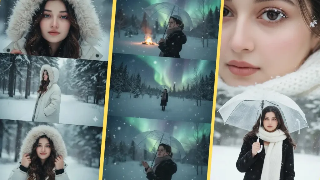 3-layer Google Gemini snowfall AI photo editing prompts showing a girl in winter