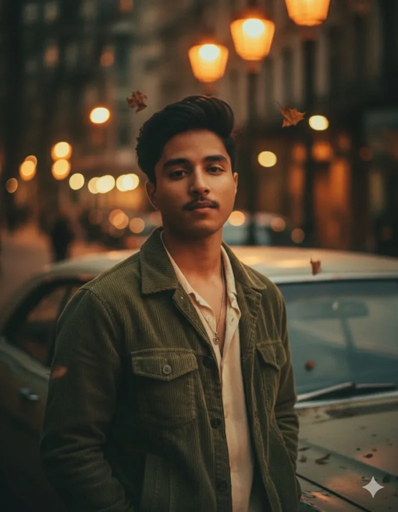 Young boy standing near a vintage car under warm street lights, created using gemini Romantic AI photo Prompt