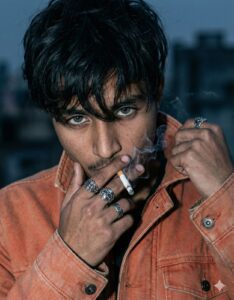 Close-up portrait of a boy in a brown leather jacket with cigarette – trending gemini ai photo prompt copy paste for boy