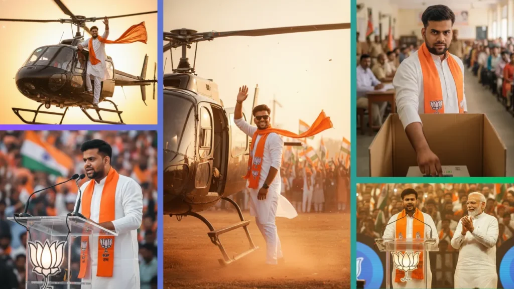 BJP Prompt AI photo collage showing cinematic helicopter arrival, election rally, speech, and voting scenes generated using Google Gemini AI photo editing trend 2025