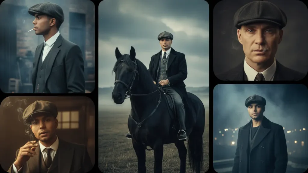 Peaky Blinders Prompt collage showing vintage gangster style AI portraits in flat caps and suits generated using Google Gemini AI photo editing trend 2025