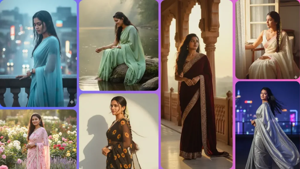 A collage of AI-edited saree portraits generated using the prompt for Gemini AI girl in saree, featuring various colors, lighting moods, and cinematic edits.