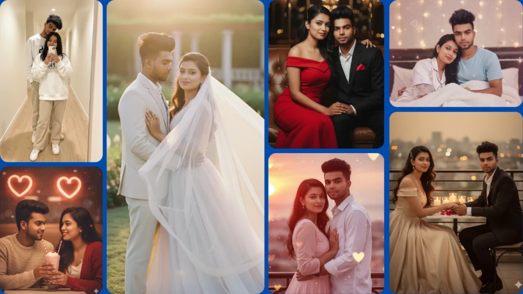 Aesthetic collage of romantic couple portraits showcasing different moods, inspired by Gemini AI Romantic couple photo prompts.