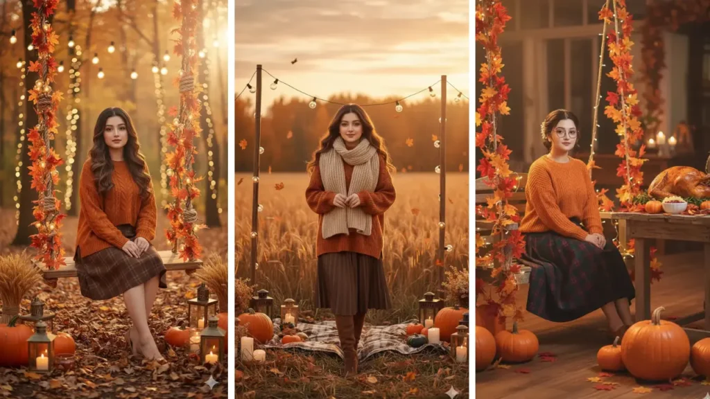 Aesthetic lifestyle collage of girls created using Gemini AI portrait prompts, featuring warm autumn tones, pumpkins, lights, and cozy fall scenery.