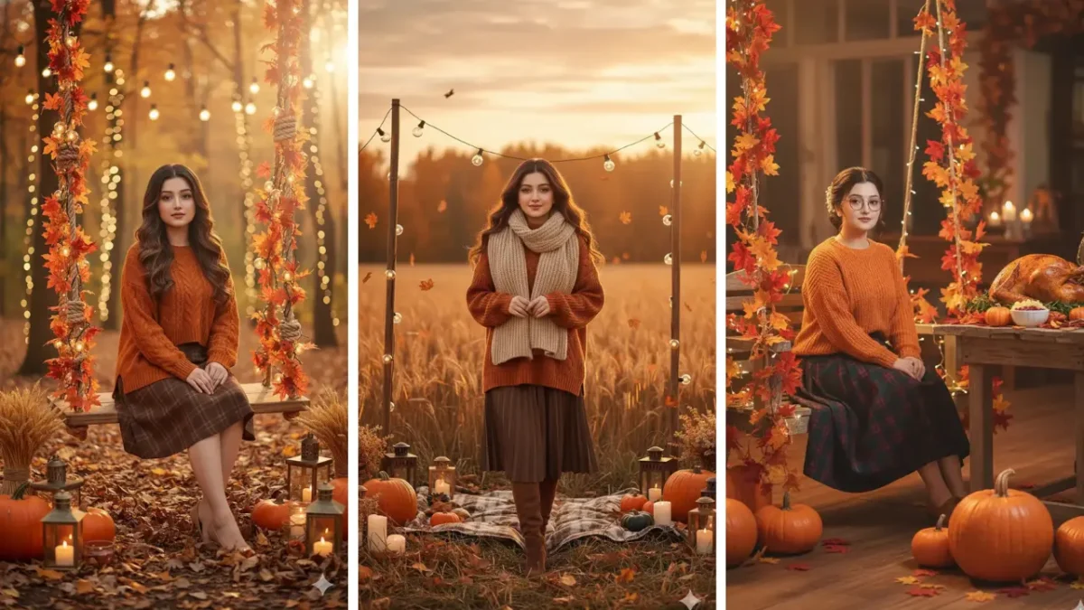 Aesthetic lifestyle collage of girls created using Gemini AI portrait prompts, featuring warm autumn tones, pumpkins, lights, and cozy fall scenery.