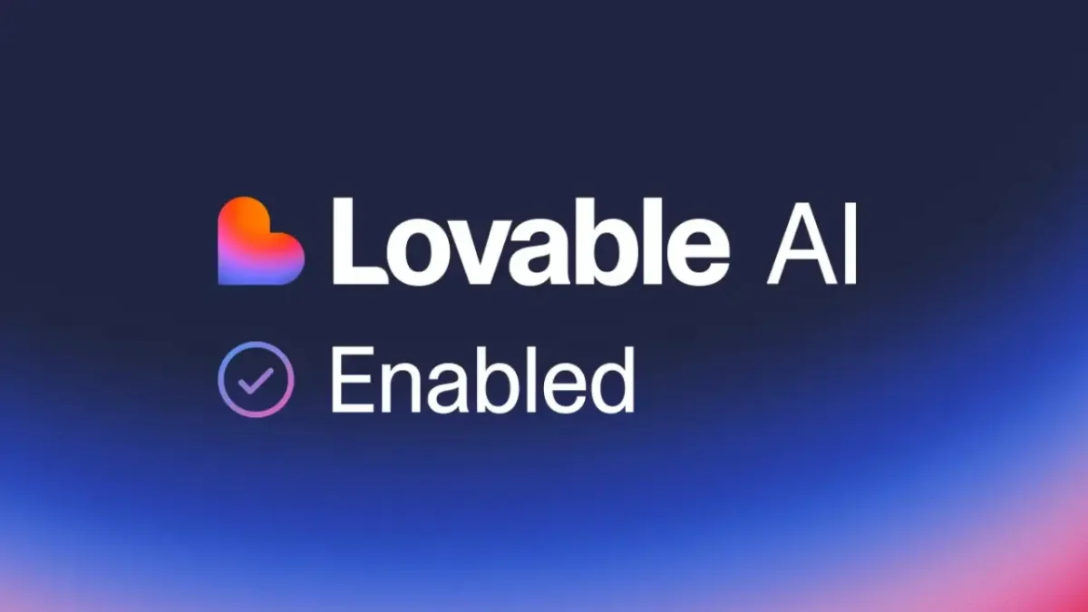 Lovable AI Enabled - AI-powered app development platform. Lovable AI logo with gradient heart and white text on a gradient blue/purple background, next to a checked circle icon.