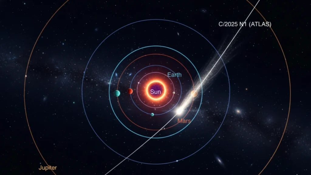 Orbital diagram showing interstellar comet 3I/ATLAS crossing the Solar System, with Sun, Earth, Mars, and trajectory path highlighted.