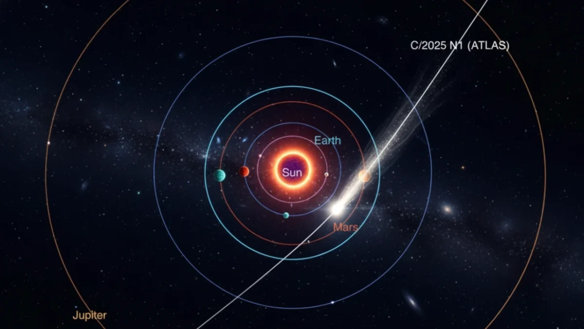 Orbital diagram showing interstellar comet 3I/ATLAS crossing the Solar System, with Sun, Earth, Mars, and trajectory path highlighted.