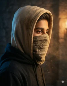 Side-angle masked portrait of a man wearing a beige hood and scarf mask, generated with gemini Masked AI photo Prompt.