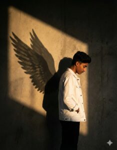 Boy standing in soft golden light with angel wing shadow on the wall – trending gemini ai photo prompt copy paste for boy