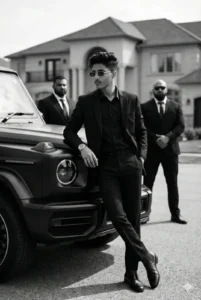 Cinematic boy portrait in black suit beside Mercedes G-Wagon using Trending Gemini AI Cinematic Photo Prompt.