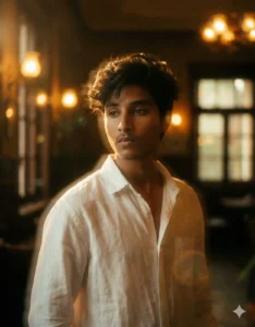 Warm cinematic 90s-style portrait of a boy in a white shirt created with Trending Gemini AI 90s Style Photo Prompt featuring a Boy.