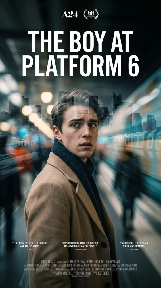 A24-style movie poster created with Gemini AI Cinematic Movie Poster Photo Prompt featuring a man on a platform.