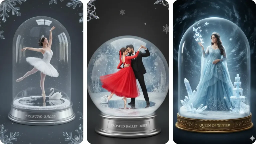 White ballerina inside a crystal ball performing an arabesque pose – Gemini AI Crystal Ball Photo Prompt For Girl