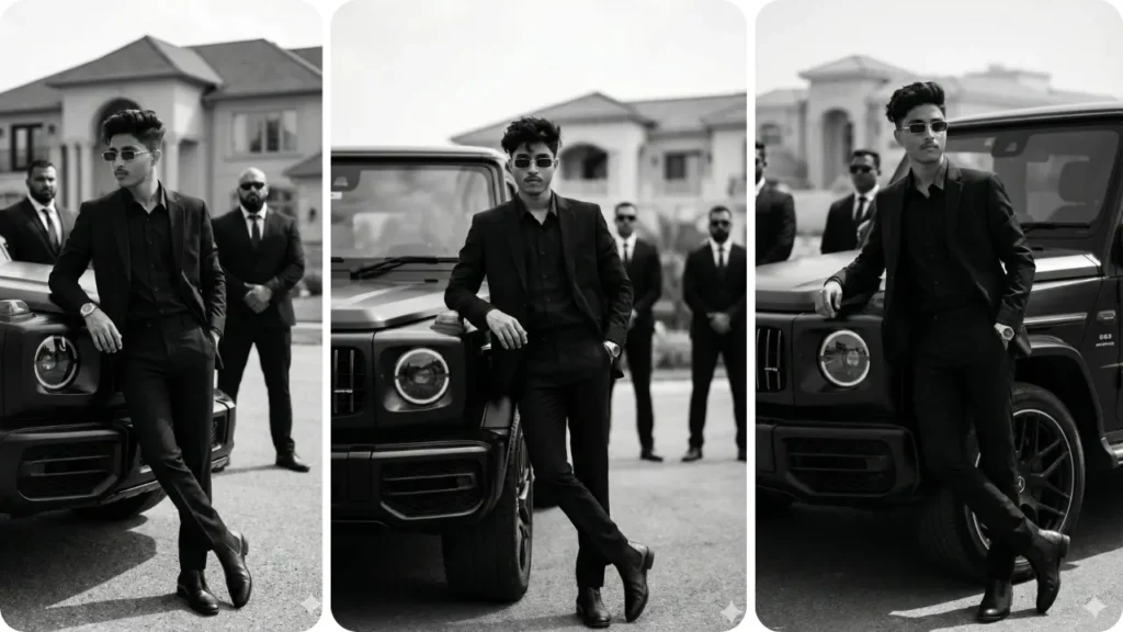 Cinematic collage of boy in black suit with luxury car using Trending Gemini AI Cinematic Photo Prompt.