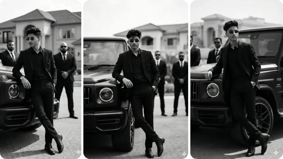 Cinematic collage of boy in black suit with luxury car using Trending Gemini AI Cinematic Photo Prompt.