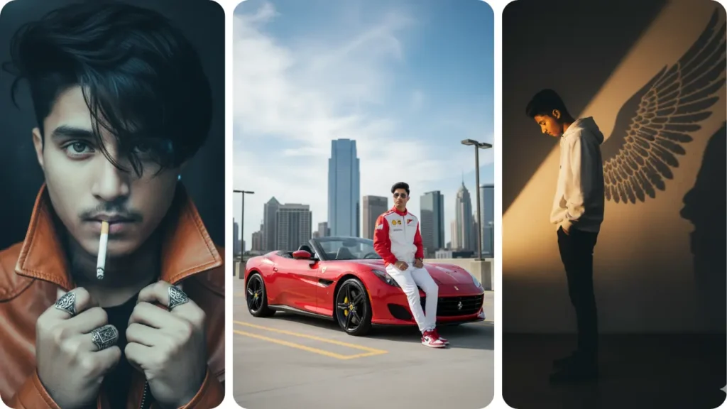 Collage of three cinematic boy portraits including leather jacket, Ferrari car, and angel wings shadow – trending gemini ai photo prompt copy paste for boy