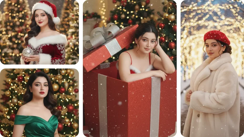 Christmas portrait collage created using festive outfits and backgrounds | Gemini AI Christmas Photo Prompt 2025