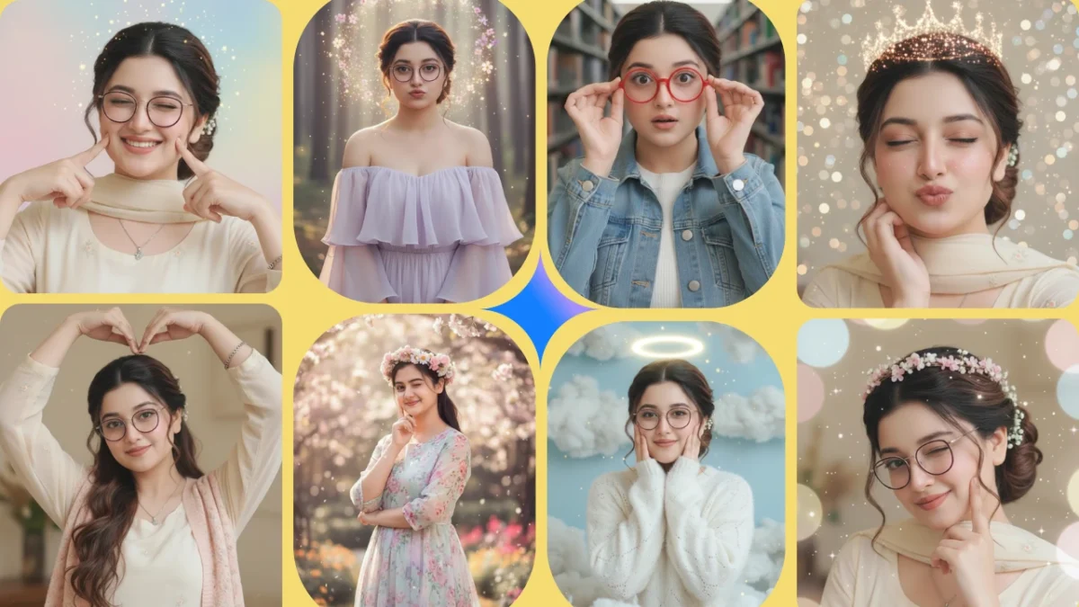 cute girl pose collage created with Gemini AI, featuring aesthetic poses like wink, kiss, heart hands, angel halo, floral crown and soft pastel backgrounds trending on Instagram in 2025
