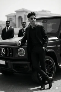 Cinematic boy portrait in black suit beside Mercedes G-Wagon using Trending Gemini AI Cinematic Photo Prompt.
