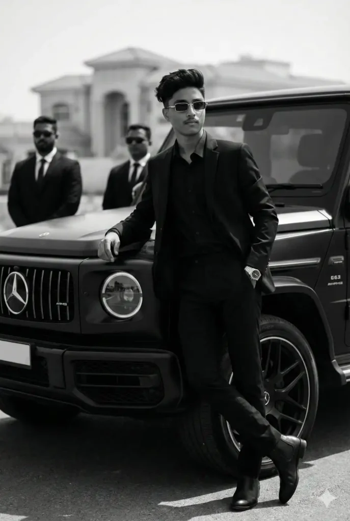 Cinematic boy portrait in black suit beside Mercedes G-Wagon using Trending Gemini AI Cinematic Photo Prompt.