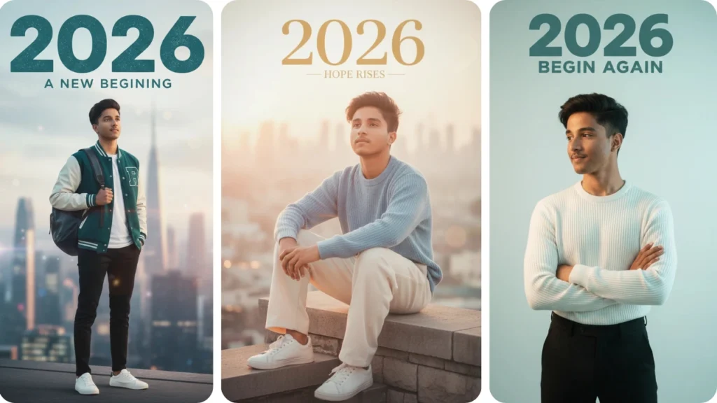 Young man standing on rooftop with city skyline wearing green varsity jacket – New Year 2026 AI Photo Prompt 2026