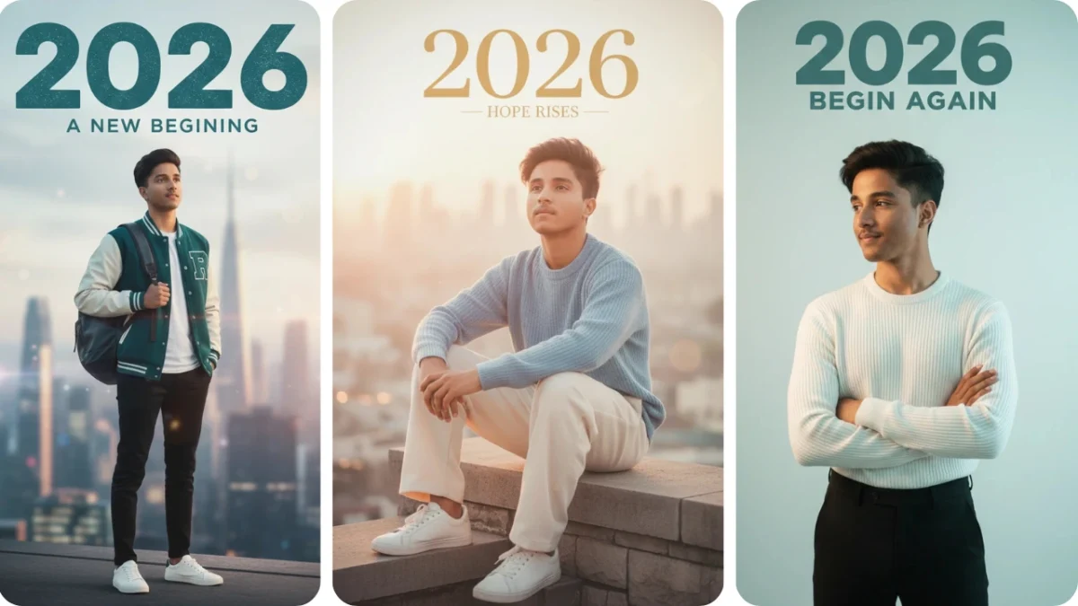 Young man standing on rooftop with city skyline wearing green varsity jacket – New Year 2026 AI Photo Prompt 2026