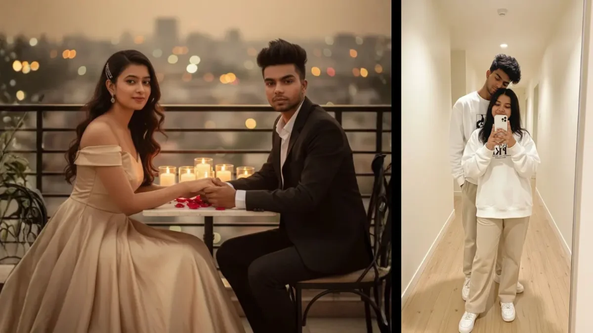 A romantic couple sitting at a candlelit rooftop dinner and another couple taking a cozy mirror selfie, used as a sample for Gemini couple photo prompt ideas.