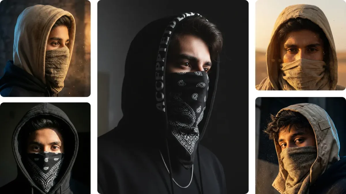 Collage of multiple masked portraits created using gemini Masked AI photo Prompt in different lighting and outfit styles.