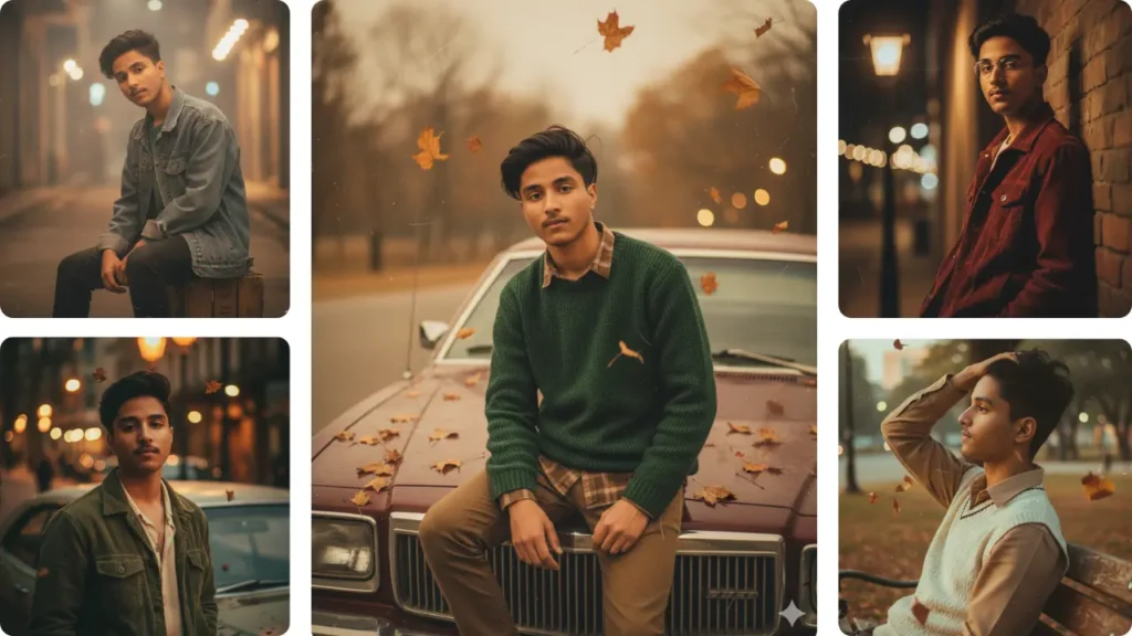 Collage of multiple romantic portraits of a boy created with gemini Romantic AI photo Prompt in autumn and night settings.
