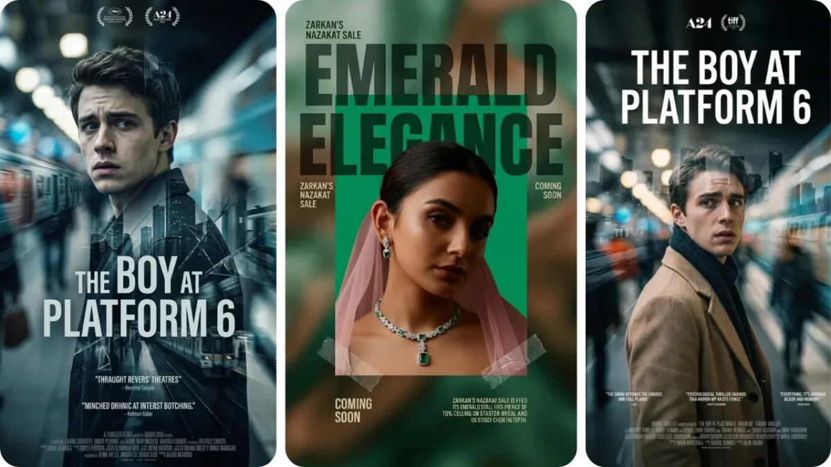 Three-poster collage created using Gemini AI Cinematic Movie Poster Photo Prompts showcasing thriller and fashion styles. Gemini AI Cinematic Movie Poster Photo Prompts