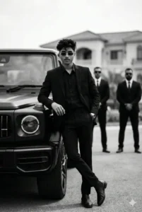 Stylish boy in black suit leaning on G-Wagon with bodyguards, created using Trending Gemini AI Cinematic Photo Prompt.