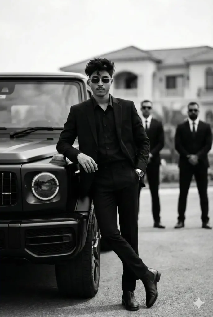 Stylish boy in black suit leaning on G-Wagon with bodyguards, created using Trending Gemini AI Cinematic Photo Prompt.