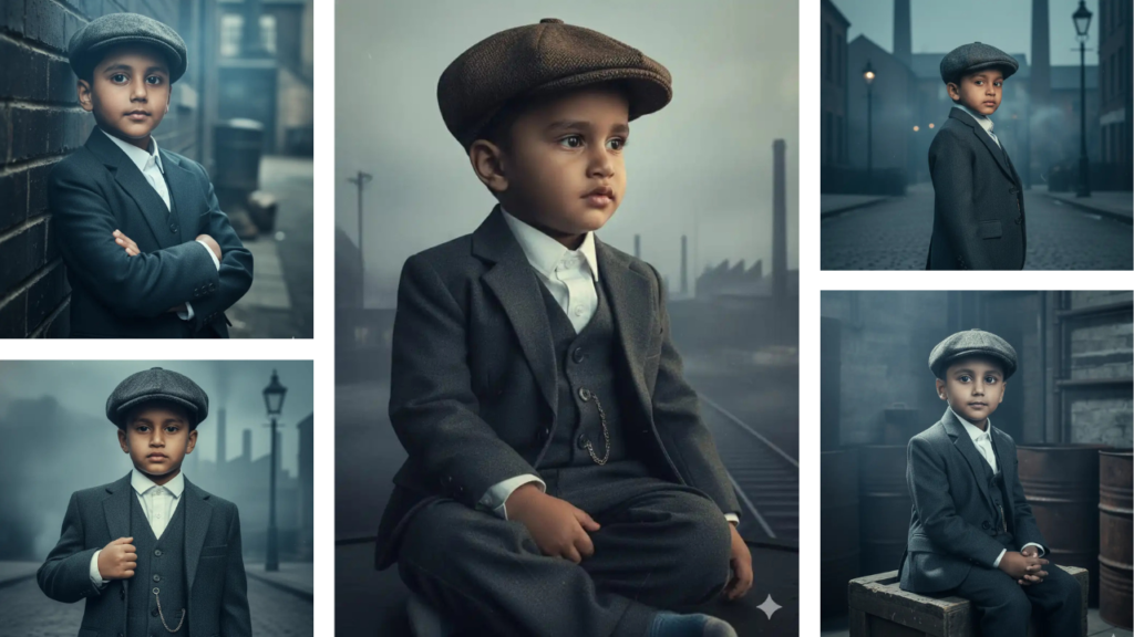 A collage of a young boy in vintage clothing created using Gemini AI, matching the Top 5 Kids Gemini AI Photo Prompts article.