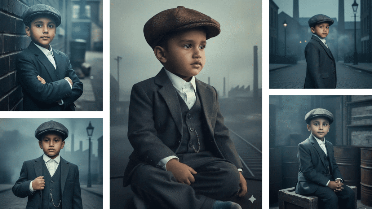 A collage of a young boy in vintage clothing created using Gemini AI, matching the Top 5 Kids Gemini AI Photo Prompts article.
