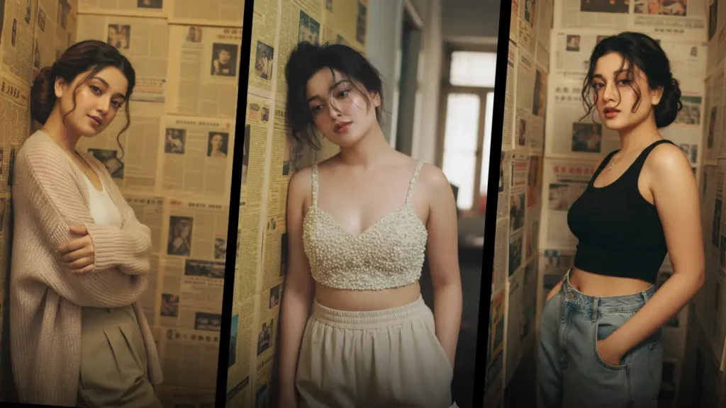 Three-frame collage of newspaper studio portraits created using Newspaper Studio Gemini AI Photo Prompts.