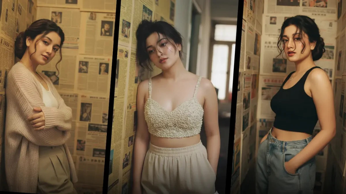 Three-frame collage of newspaper studio portraits created using Newspaper Studio Gemini AI Photo Prompts.