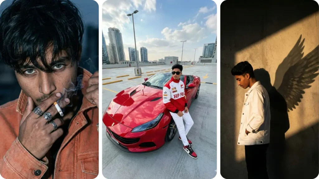 three cinematic boy portraits including leather jacket, Ferrari car, and angel wings shadow – trending gemini ai photo prompt copy paste for boy