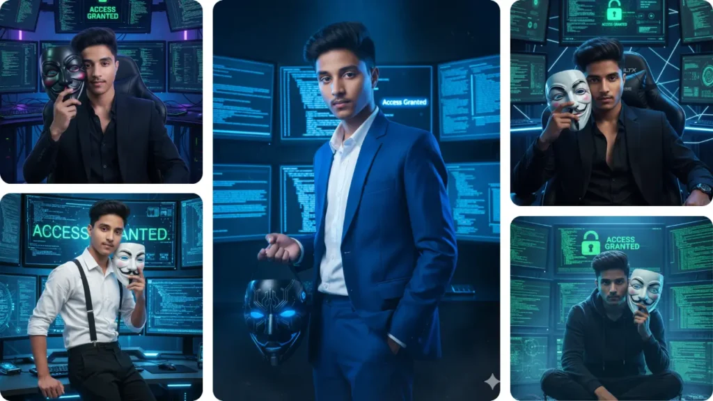 Young man posing with a mask in a cyberpunk setup using Gemini AI Photo Prompt Copy Paste Trending style.