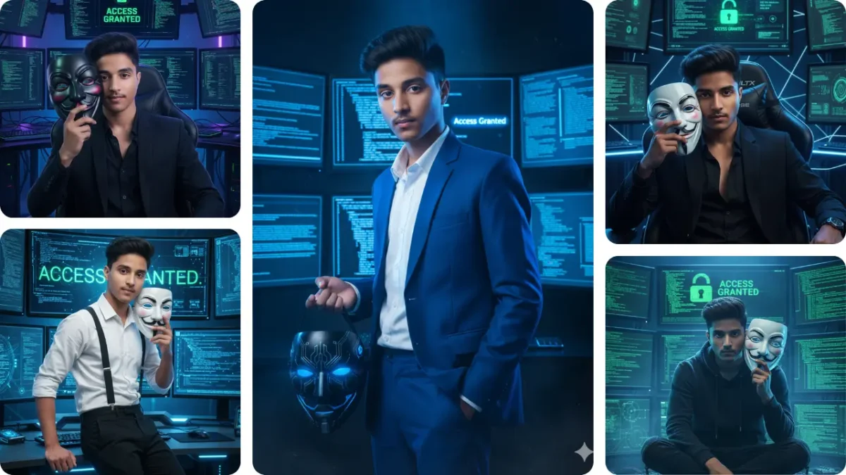 Young man posing with a mask in a cyberpunk setup using Gemini AI Photo Prompt Copy Paste Trending style.