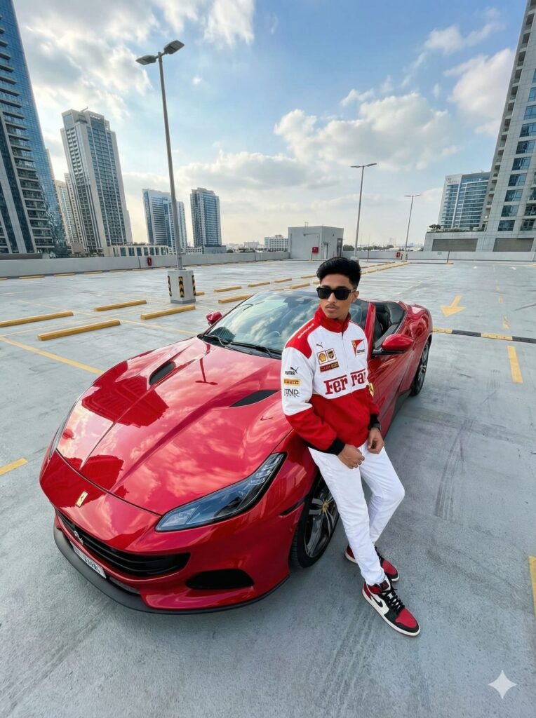 Boy posing with a red Ferrari on a rooftop with city skyline – trending gemini ai photo prompt copy paste for boy