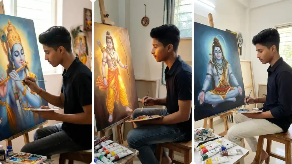Young artist painting a Hindu God portrait using the Gemini Hindu God Painting AI Photo Editing Prompt style. Scipuz