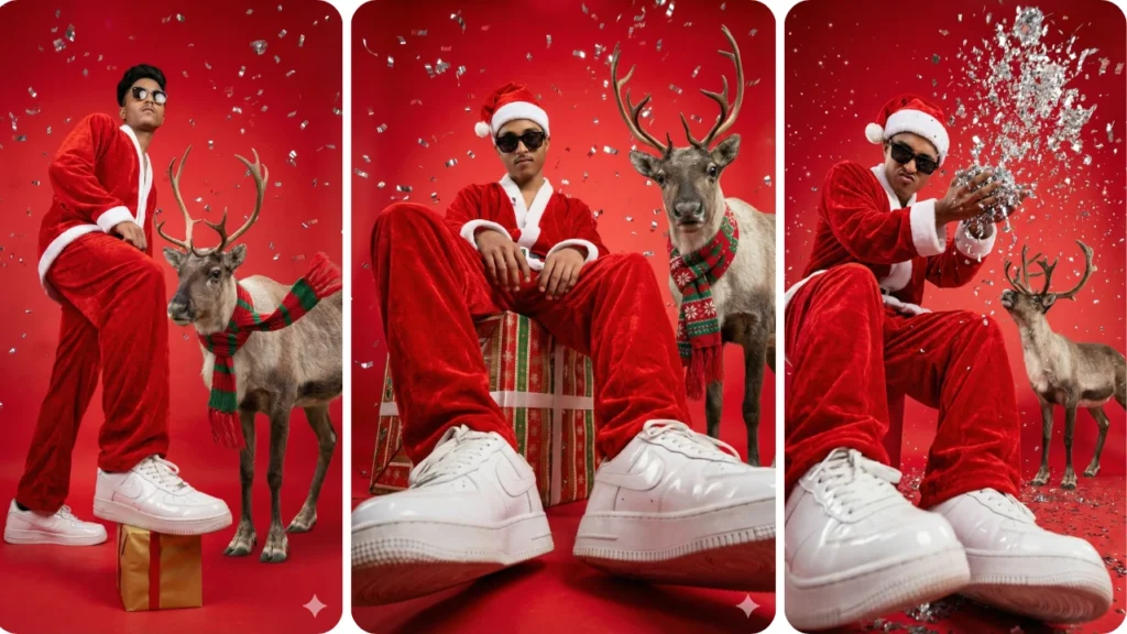 Santa outfit posing confidently with his foot on a Christmas gift box beside a festive reindeer, captured in a red studio theme inspired by trending Christmas AI photo editing Prompt 2025.