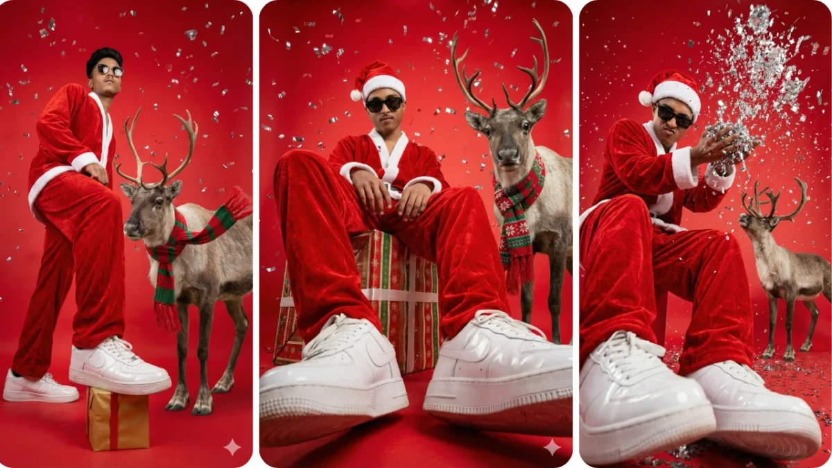 Santa outfit posing confidently with his foot on a Christmas gift box beside a festive reindeer, captured in a red studio theme inspired by trending Christmas AI photo editing Prompt 2025.