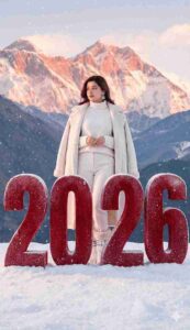 Woman standing in snow with red 2026 numbers using 5 Google Gemini Happy New Year 2026 Photo Editing Prompts - Scipuz