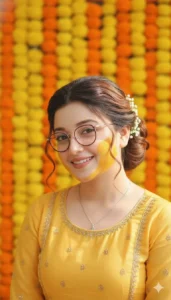 “Close-up Haldi ceremony portrait of a girl in a yellow outfit with marigold background created using Gemini AI Wedding Photo Prompt.”
