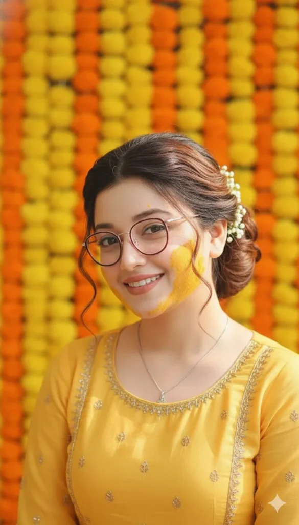 “Close-up Haldi ceremony portrait of a girl in a yellow outfit with marigold background created using Gemini AI Wedding Photo Prompt.”