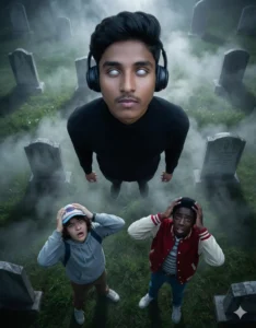 A young man with white eyes floating in a foggy graveyard while two boys look up in shock, created using Google Gemini Stranger Things AI Photo Prompt